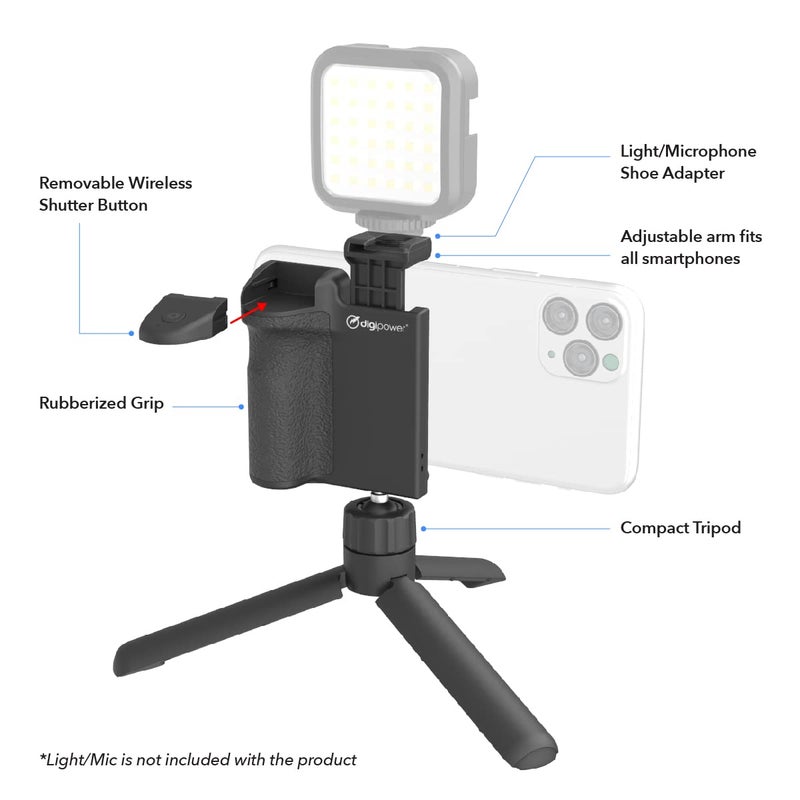 DigiPower Pocket Grip Stabilizer with Wireless Shutter Remote & Table-Top Mini Tripod for Mobile Phone, Works with iPhones & Android Smartphones for Filming YouTube, TikTok, & Instagram Videos, - Image 3